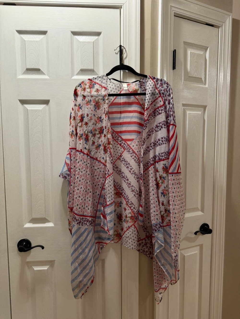 Cato Lightweight Patchwork Kimono Cardigan in White, Red, Blue